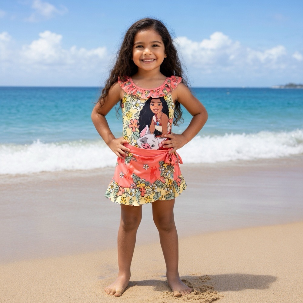 Disney Moana 2 Swimsuit Set With Skirt Cover Coral Yellow Size 5